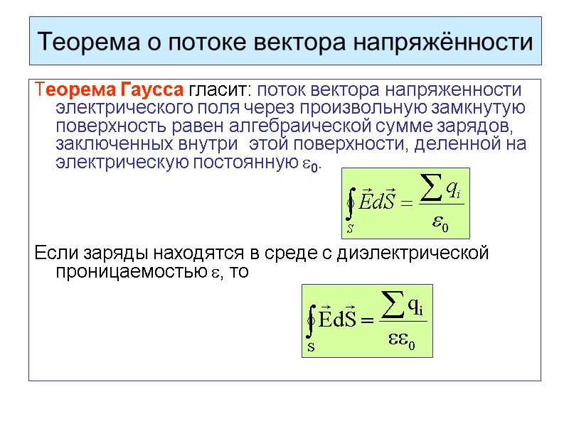 Теорема о потоке вектора напряжённости Теорема Гаусса гласит: поток вектора напряженности электрического поля через